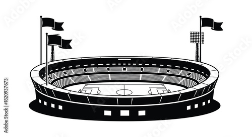 Hockey arena illustration with flags and seating in silhouette