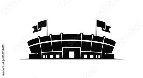 Stadium with flags silhouette black and white sports venue illustration