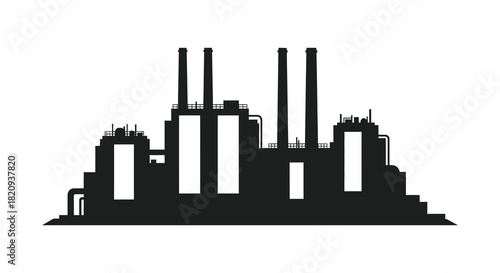 Industrial factory plant silhouette with smoking chimneys against white background silhouette