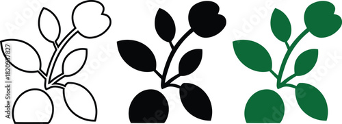 Three Potted Plant Icons in Outline, Black, and Green  plant, potted plant, nature, icon, symbol, green, 