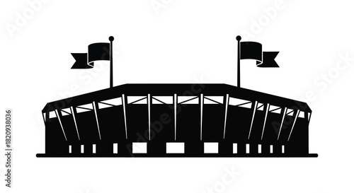 Stadium silhouette vector illustration with flags on top of the building silhouette