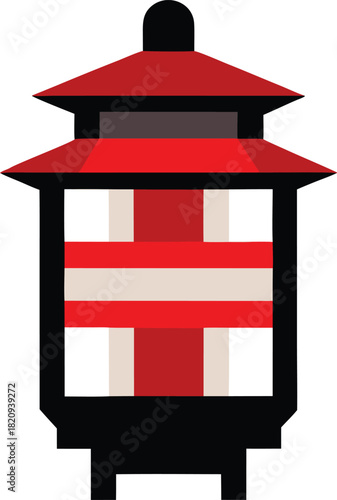 Pixel art japanese lantern icon with red roof and black frame