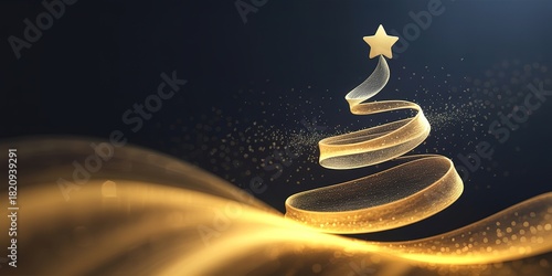 Golden ribbon spirals upward, forming a stylized Christmas tree with star atop a dark background