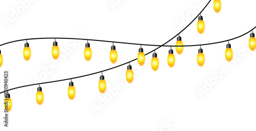 String of yellow fairy holiday light bulbs festive card decoration element vector illustration isolated on white background, New year celebration