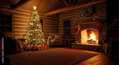 Wallpaper Mural Festive Christmas Tree and Fireplace in Rustic Wooden Cabin Interior Torontodigital.ca
