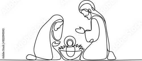 Continuous one line Christmas vector Christian nativity scene of baby Jesus with Mary and Joseph. one line Icon drawing with white background