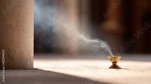 Thin incense smoke swirling in sunbeam inside dark cathedral during Epiphany service with calm sacred atmosphere