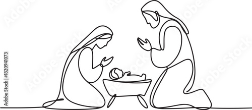 Continuous one line Christmas vector Christian nativity scene of baby Jesus with Mary and Joseph. one line Icon drawing with white background