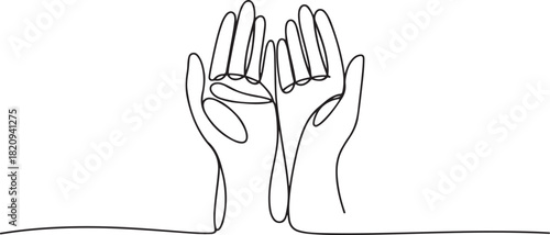 One Line Continuous Drawing of Raising Hands for Dua Pray. Islamic Traditional Prayer Gesture Line Art. one line Icon drawing with white background