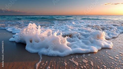 Fototapeta Naklejka Na Ścianę i Meble -  Close-up of foamy ocean waves gently washing onto a sandy beach during a warm sunset. The water is turquoise, and the sky transitions from blue to orange.