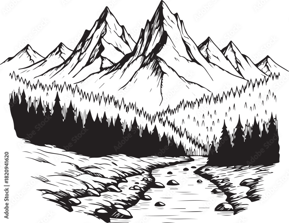 Fototapeta premium Mountain River Scene Graphics