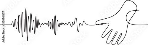 Sound line wave music audio icon one art voice continuous hand. Wave podcast line sound soundwave noise sketch drawn drawing doodle. one line Icon drawing with white background