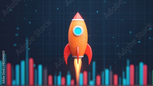 Rocket launching towards business growth on digital screen in modern workspace