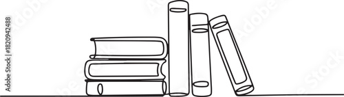 Simple single line drawing of books on the table. Line art design for educational concept. one line Icon drawing with white background