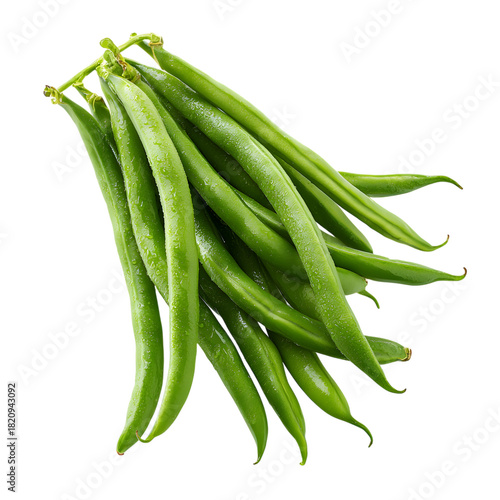Fresh green beans with water droplets against a stark on transparent background