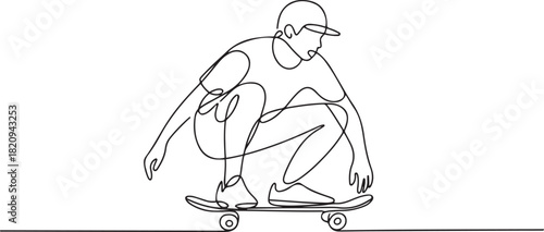 Continuous line drawing of a skateboarder in a crouch, riding with focus. Ideal for extreme sports posters and modern. one line Icon drawing with white background