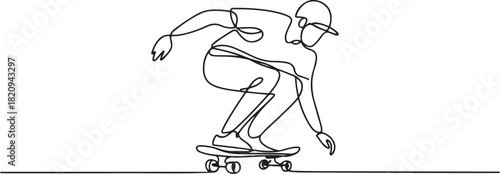 Continuous line drawing of a skateboarder in a crouch, riding with focus. Ideal for extreme sports posters and modern. one line Icon drawing with white background