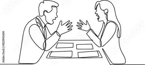 Continuous line drawing of a man and woman angrily arguing across a desk with documents. Concept of workplace disagreement. one line Icon drawing with white background