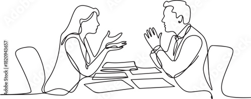 Continuous line drawing of a man and woman angrily arguing across a desk with documents. Concept of workplace disagreement. one line Icon drawing with white background