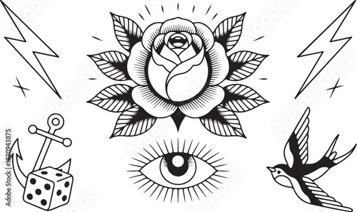 Elegant tattoo flash sheet with rose and swallow