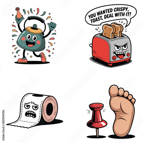 Cartoon kettle celebrating with confetti on a white background Keywords: kettle, teapot, party