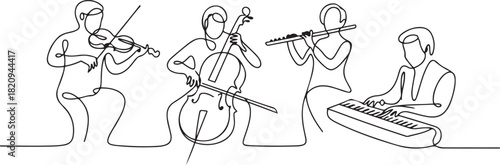 Group band music performance. Continuous one line drawing. Single hand drawn sketch minimalism. People with classical music instruments. one line Icon drawing with white background