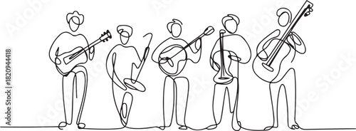 Group band music performance. Continuous one line drawing. Single hand drawn sketch minimalism. People with classical music instruments. one line Icon drawing with white background