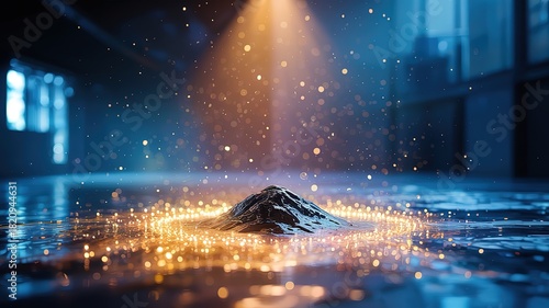 A single mountain peak shines with light on reflective water background scene