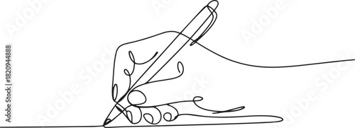 Continuous one line drawing hand palm fingers gestures pen, pencil. Ballpoint in hand. Writing or drawing with ink pen. one line Icon drawing with white background