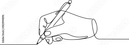 Continuous one line drawing hand palm fingers gestures pen, pencil. Ballpoint in hand. Writing or drawing with ink pen. one line Icon drawing with white background