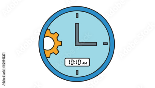 Blue clock illustration showing 10:10 AM with a gear symbol, representing time management, efficiency, and scheduling.