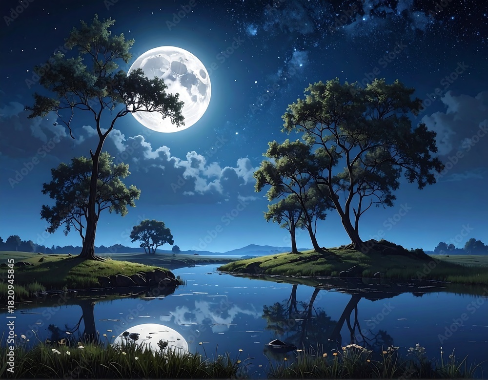 Fototapeta premium A serene nocturnal scene with a luminous moon reflected in calm water, flanked by lush green trees under a starry sky