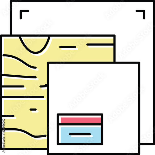 Abstract illustration of overlapping rectangles and wood texture with a small square box in the center on a white background with clipping mask corners