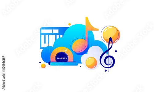 A vibrant illustration featuring bold notes, cloud elements, and a striking play icon, capturing the lively atmosphere of concerts, music parties, and modern audio events. Perfect for festival promos