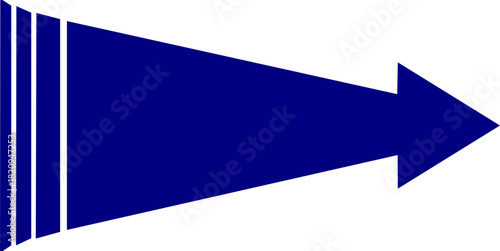 A bold, stylized blue arrow pointing to the right, featuring three vertical white stripes on its tail against a plain white background.