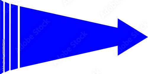 A solid blue arrow pointing to the right, featuring three white vertical stripes on its tail end.