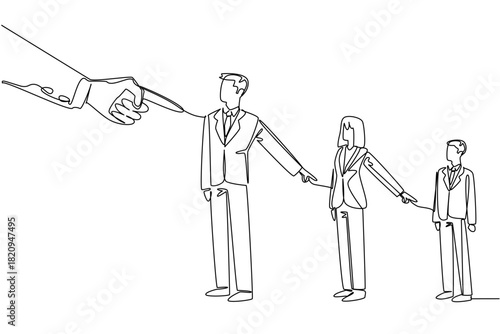 Continuous line draw of giant hand pointing at line of three business people, who turn pointing at each other. Blame culture and responsibility. International event National Blame Someone Else Day