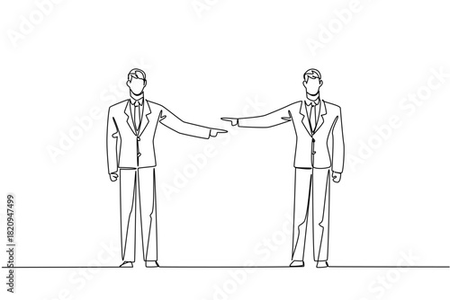 Single line drawing of two business men standing opposite each other, both pointing fingers, representing mutual blame or disagreement. Business concept of event National Blame Someone Else Day