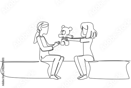Continuous line draw of two young girls sitting and sharing a teddy bear, symbolizing kindness, friendship, and comforting gestures. National Random Acts of Light Day, support for a friend with cancer