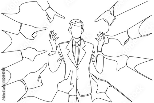 Continuous line drawing of a businessman with raised, open hands, looking distressed, surrounded by pointing hands, feeling overwhelmed by accusations. National Blame Someone Else Day business concept