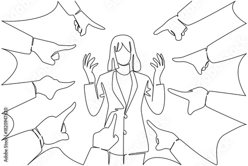 Continuous line drawing of a businesswoman with raised, open hands, looking distressed, surrounded by pointing hands blaming her. Feeling overwhelmed by accusations. National Blame Someone Else Day.