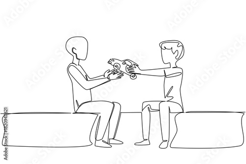 Single line draw of two boys sitting and sharing a toy car, representing friendship, generosity, and playful interaction. National Random Act of Light Day. Support for a friend with cancer at hospital