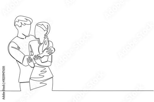 Continuous line draw of man embrace woman with cancer illness, symbolizing love, support, and comforting gesture. National Random Acts of Light Day event. accompany chemotherapy treatment in hospital