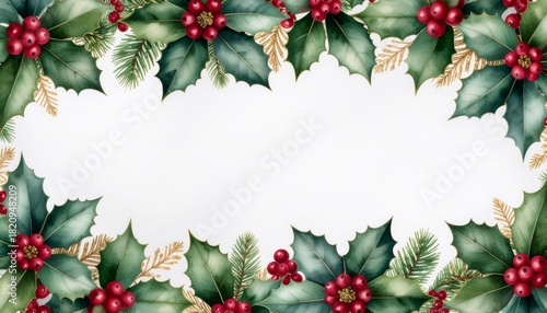 Elegant watercolor holly leaves with crimson berries creating festive Christmas border frame on pristine white background