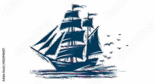 Sketchy illustration of a vintage tall ship sailing on the ocean with birds, featuring a modern digital glitch and distortion effect