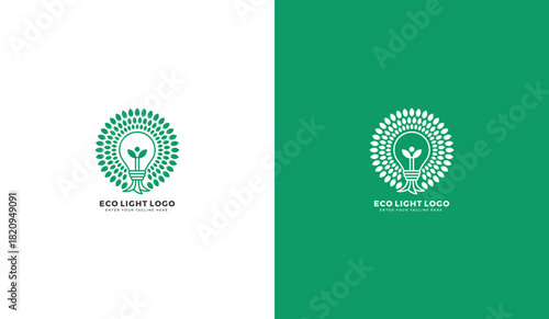 Green energy smart innovation logo, leaf bulb icon. Green leaf light and light bulb illustration design template