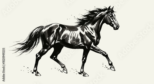 Dynamic black horse running in an elegant ink wash style illustration. A powerful and graceful stallion in motion on a light background