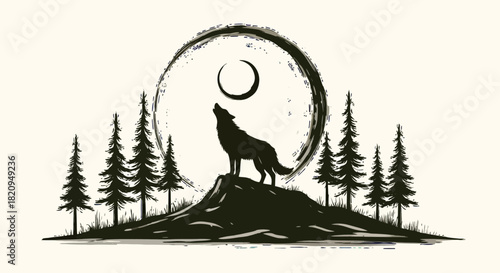 Artistic monochrome illustration of a lone wolf howling at a stylized moon, set in a wild pine forest landscape on a hilltop