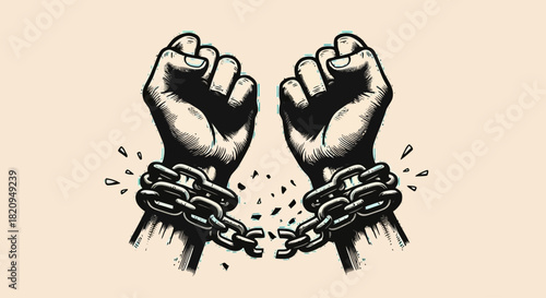 A powerful illustration of clenched fists breaking free from chains, symbolizing liberation, empowerment, and the fight for freedom