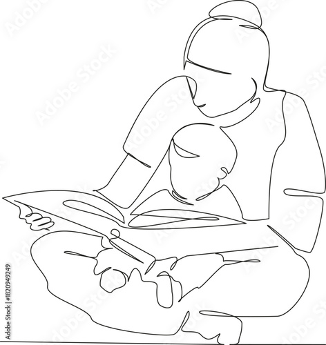 One continuous single drawing line art flat doodle mother, book, son, learning, together, boy, family, story. Isolated image hand draw contour on a white background, hand drawn, not AI